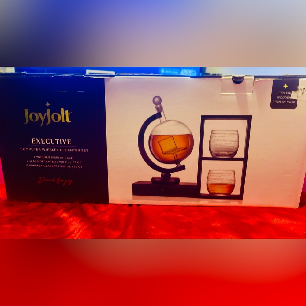 Jolt Clear Glass Globe Decanter with Black Stand and Matching Tumblers
